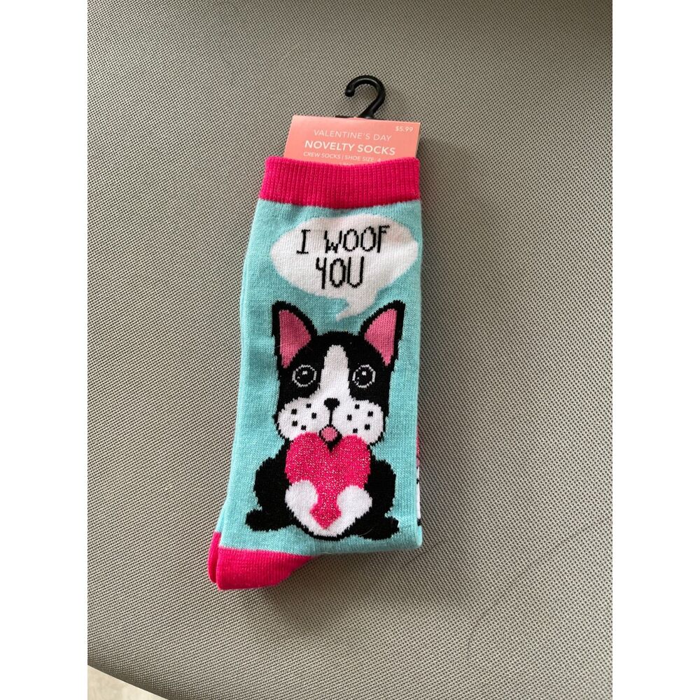 Bulldog Themed socks I WOOF YOU Turquoise Red  Black NWT